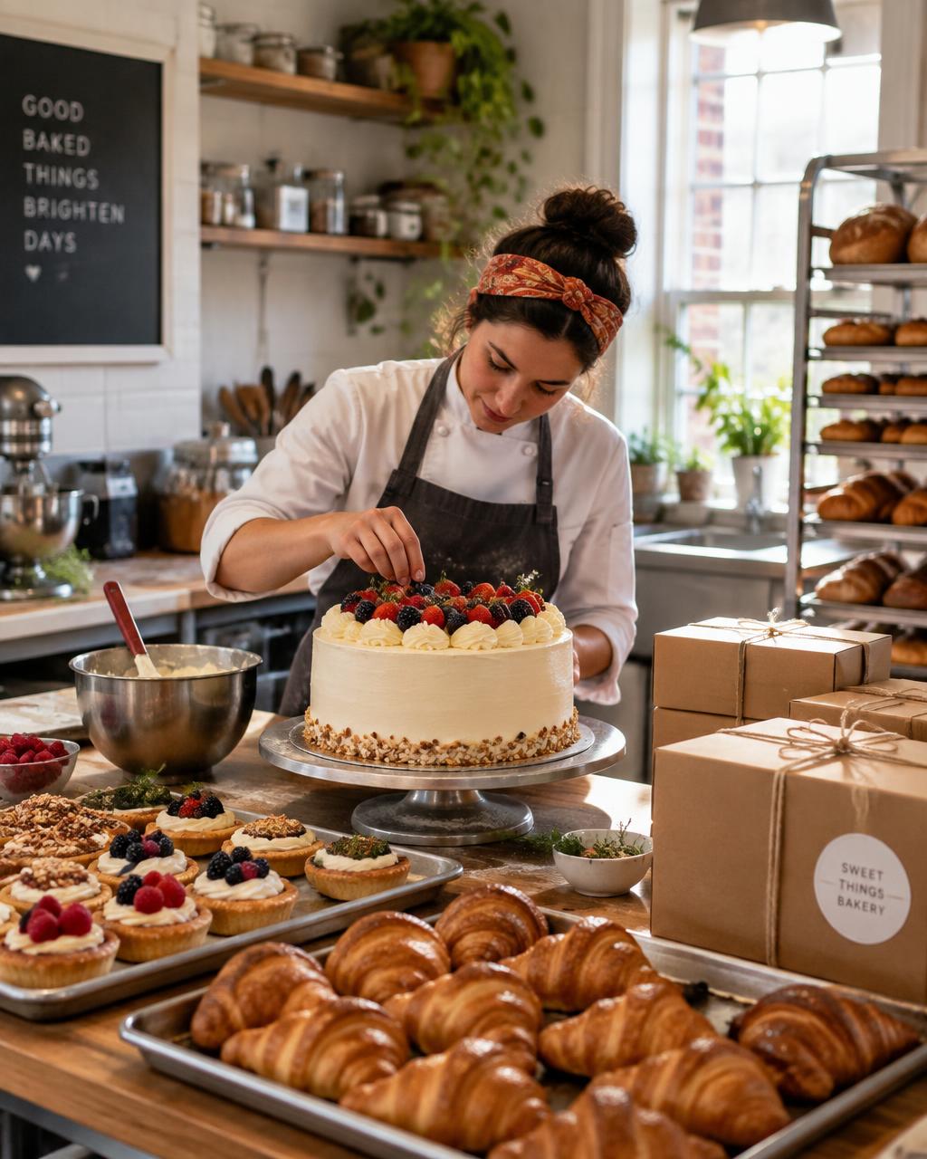 Baker decorating a celebration cake beside packed order boxes